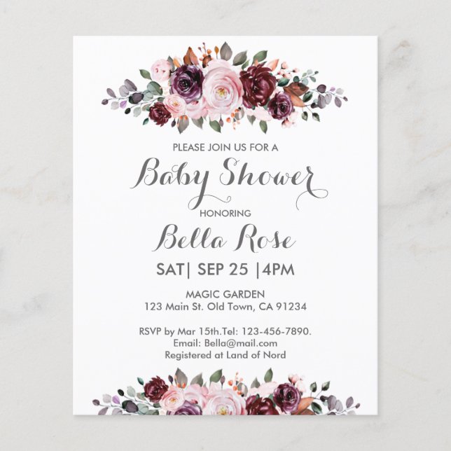 Lámina Invitación a Baby Shower con floral acuarela de pr (Anverso)