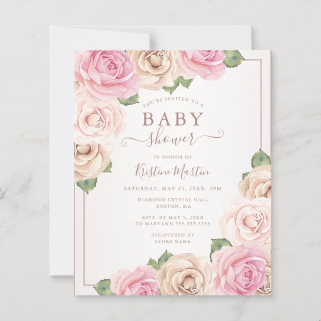 Lámina Invitación a Baby Shower con floral acuarela de Ro (Anverso)