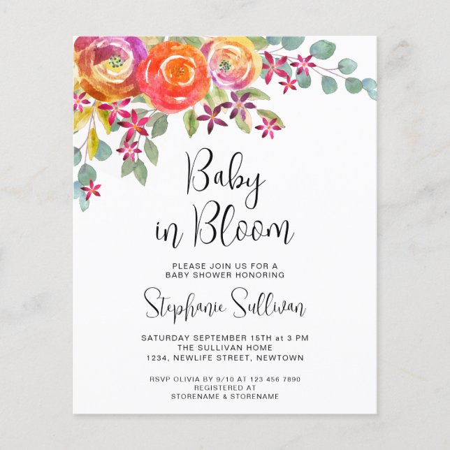 Lámina Invitación a Baby Shower con floral de otoño con a (Anverso)
