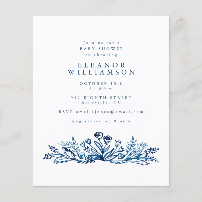 Lámina Invitación a Baby Shower con floral de tinta azul  (Anverso)
