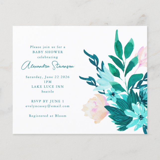 Lámina Invitación a Baby Shower con flores azules de Aqua (Anverso)