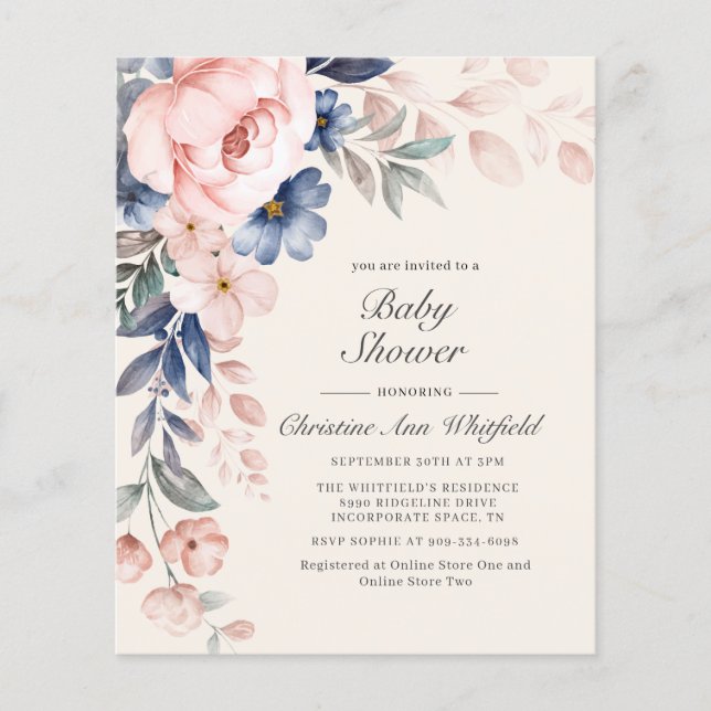 Lámina Invitación a Baby Shower con flores azules rosadas (Anverso)