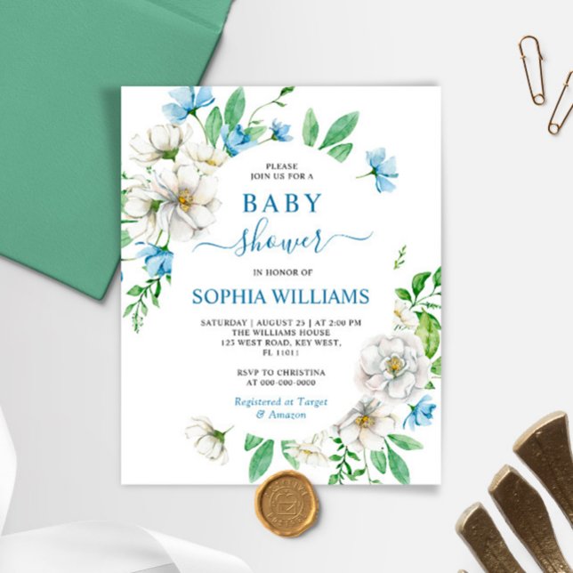 Lámina Invitación a Baby Shower con flores blancas y azul (Subido por el creador)