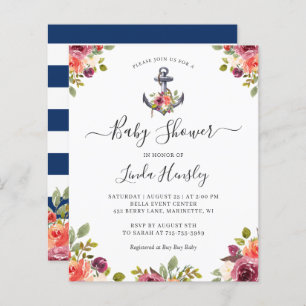 Lámina Invitación a Baby Shower con flores de ancla náuti