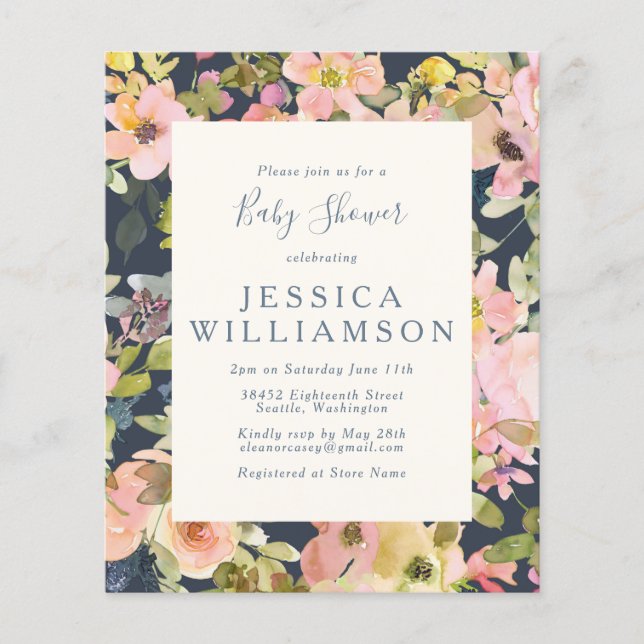 Lámina Invitación a Baby Shower con flores de Boho Elegan (Anverso)