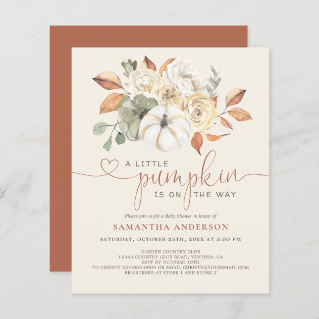 Lámina Invitación a Baby Shower con flores de calabaza pa (Anverso / Reverso)