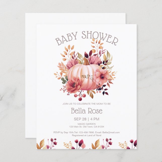 Lámina Invitación a Baby Shower con flores de calabaza ro (Anverso / Reverso)