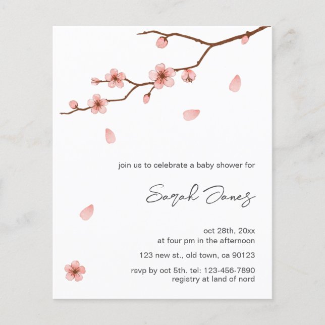 Lámina Invitación a Baby Shower con flores de cerezo de p (Anverso)