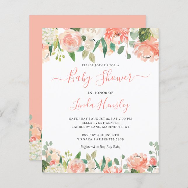 Lámina Invitación a Baby Shower con flores de coral elega (Anverso / Reverso)