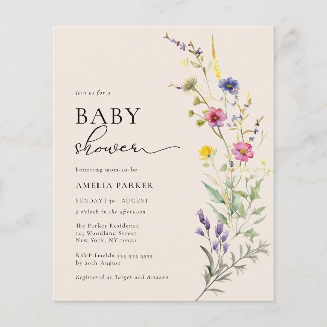 Lámina Invitación a Baby Shower con flores de flores silv (Anverso)