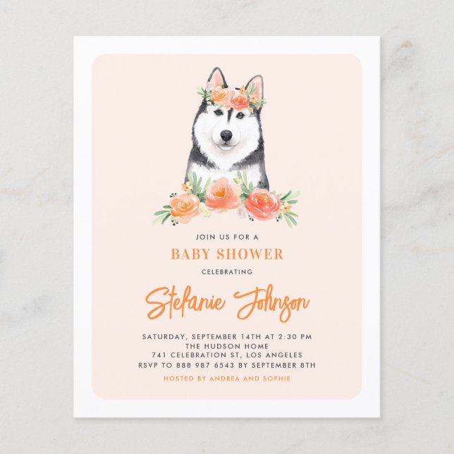 Lámina Invitación a Baby Shower con flores de Husky Peach (Anverso)