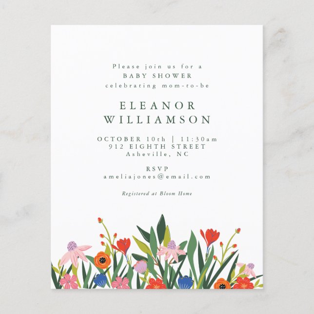 Lámina Invitación a Baby Shower con flores de jardín de c (Anverso)