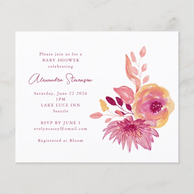 Lámina Invitación a Baby Shower con flores de magenta de  (Anverso)