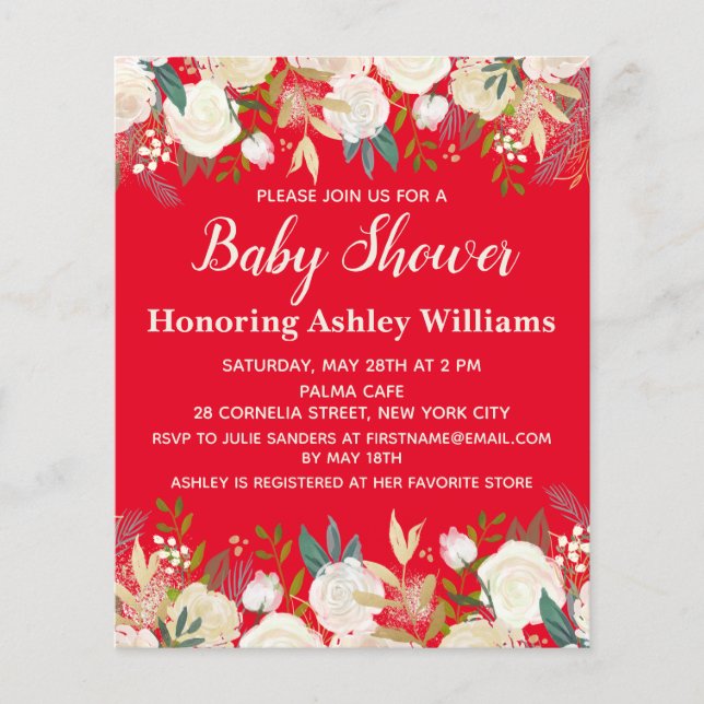 Lámina Invitación a Baby Shower con flores de verde rojo  (Anverso)