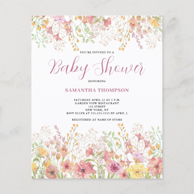 Lámina Invitación a Baby Shower con flores rosadas (Anverso)