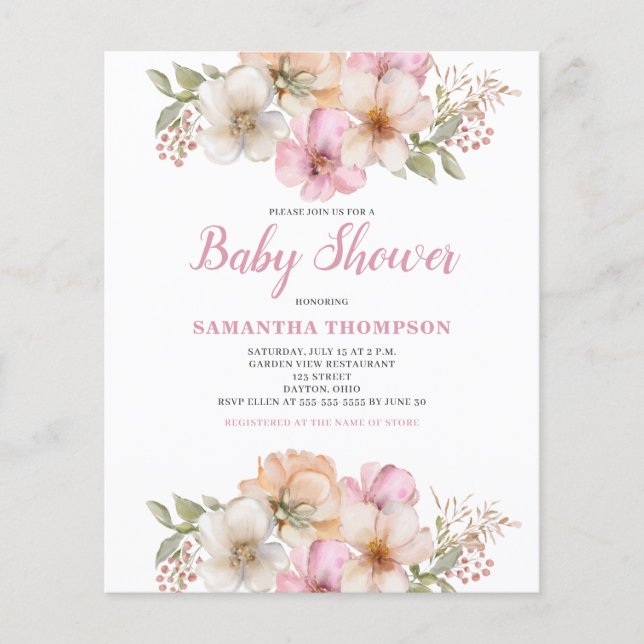 Lámina Invitación a Baby Shower con flores rosadas de pre (Anverso)