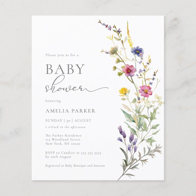 Lámina Invitación a Baby Shower con flores silvestres de  (Anverso)