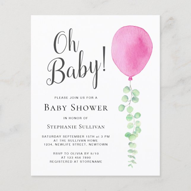 Lámina Invitación a Baby Shower con globo rosado predesti (Anverso)
