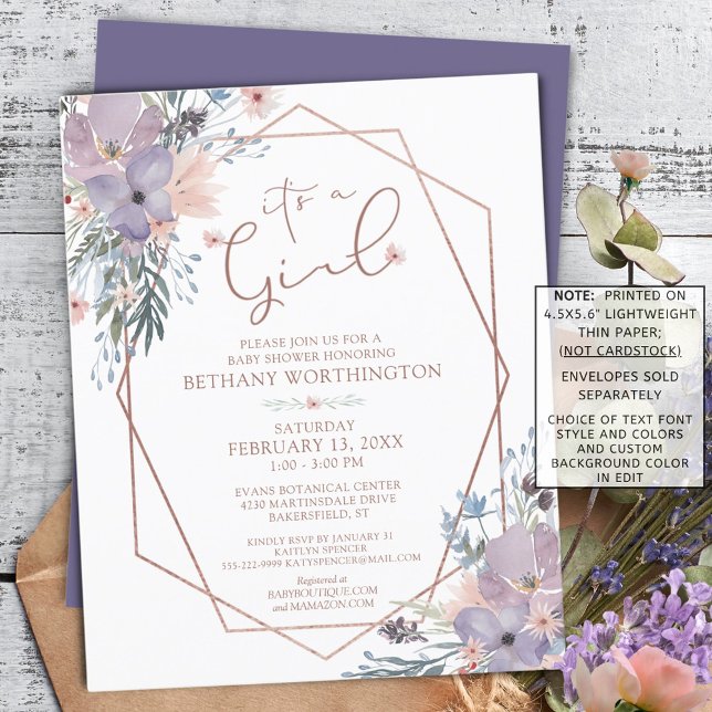 Lámina Invitación a Baby Shower con Rosa floral Gold Purp (Subido por el creador)