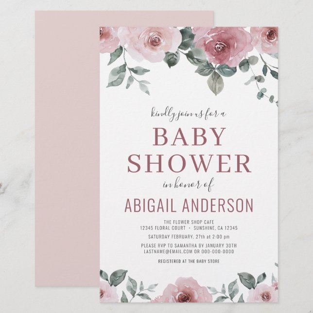 Lámina Invitación a Baby Shower con Rosa floral y agitado (Anverso / Reverso)