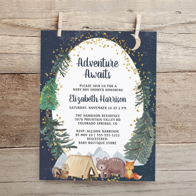Lámina Invitación a Baby Shower de Budget Adventure Night (Embrace your upcoming adventure with a super cute baby shower invitation at a budget price)