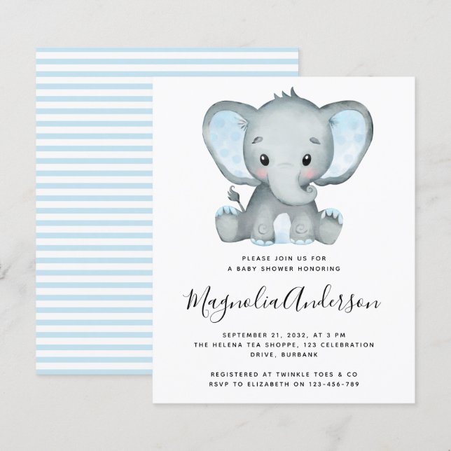 Lámina Invitación a Baby Shower de BUDGET Blue Elephant (Anverso / Reverso)