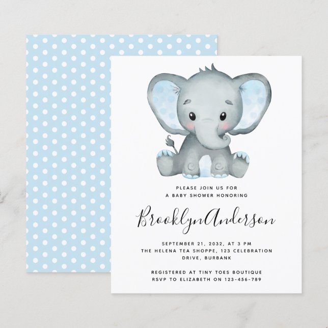 Lámina Invitación a Baby Shower de BUDGET Blue Elephant (Anverso / Reverso)