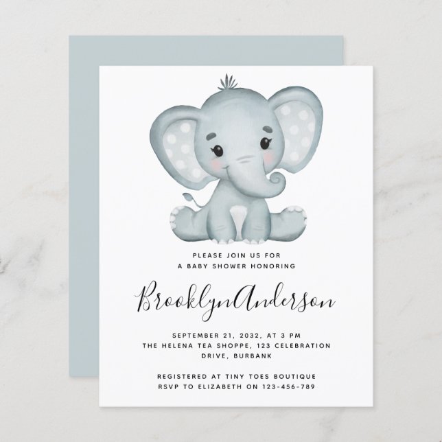 Lámina Invitación a Baby Shower de BUDGET Blue Elephant (Anverso / Reverso)