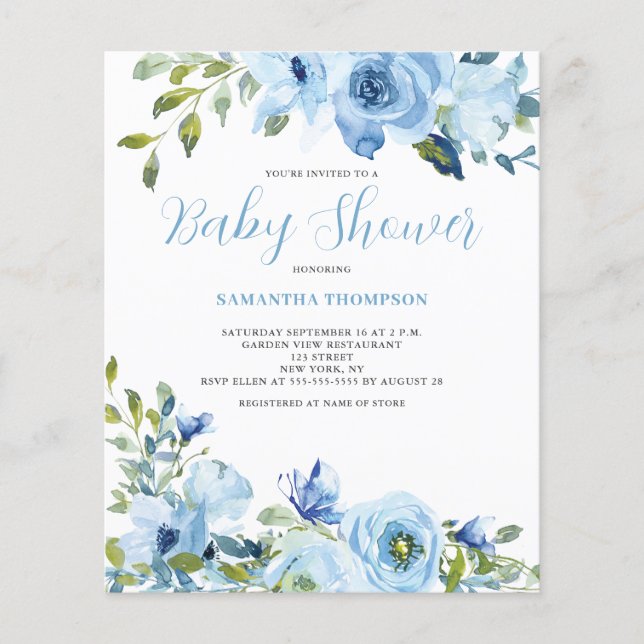 Lámina Invitación a Baby Shower de Budget Blue Floral (Anverso)