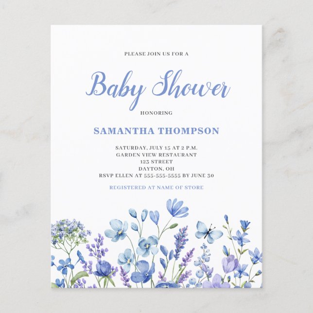 Lámina Invitación a Baby Shower de Budget Blue Floral Boy (Anverso)