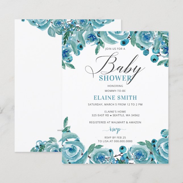 Lámina Invitación a Baby Shower de Budget Blue Floral Boy (Anverso / Reverso)