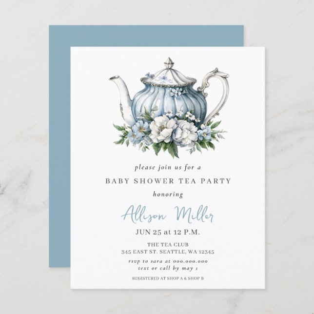 Lámina Invitación a Baby Shower de Budget Blue Tea Fiesta (Anverso / Reverso)