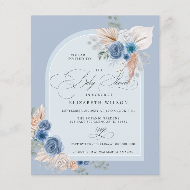 Lámina Invitación a Baby Shower de Budget Boho Dusty Blue (Anverso)