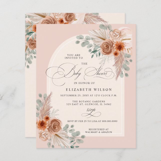 Lámina Invitación a Baby Shower de Budget Boho Terracotta (Anverso / Reverso)