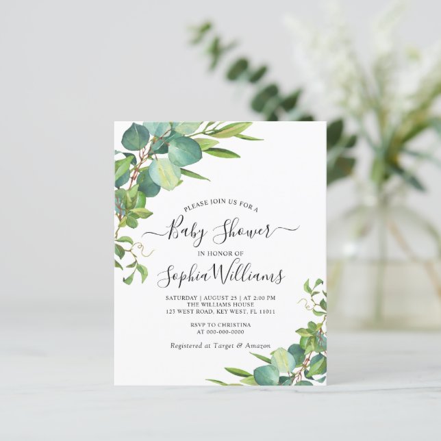 Lámina Invitación a Baby Shower de Budget Eucalyptus Gree (Anverso de pie)