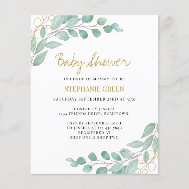 Lámina Invitación a Baby Shower de Budget Eucalyptus Gree (Anverso)
