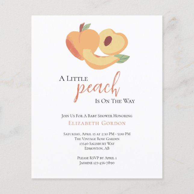 Lámina Invitación a Baby Shower de Budget Little Peach (Anverso)