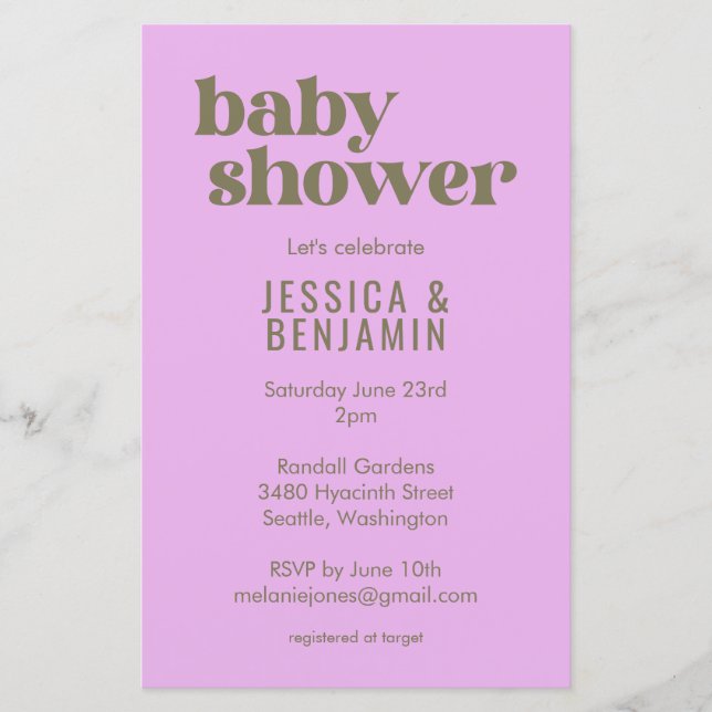 Lámina Invitación a Baby Shower de Budget Modern Cute Pur (Anverso)
