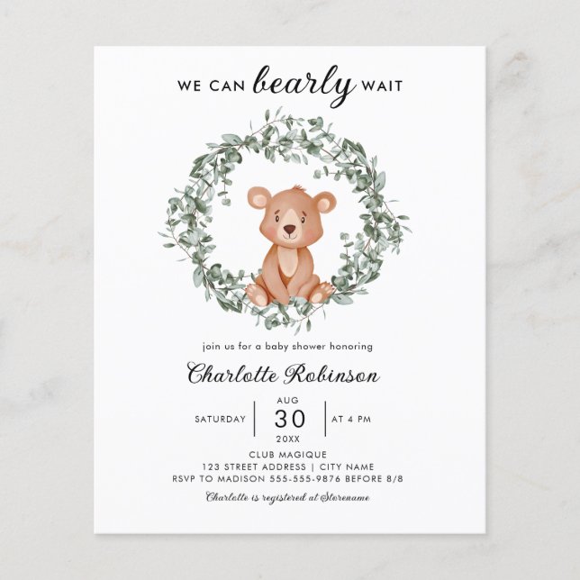 Lámina Invitación a Baby Shower de Budget Teddy Bear Gree (Anverso)