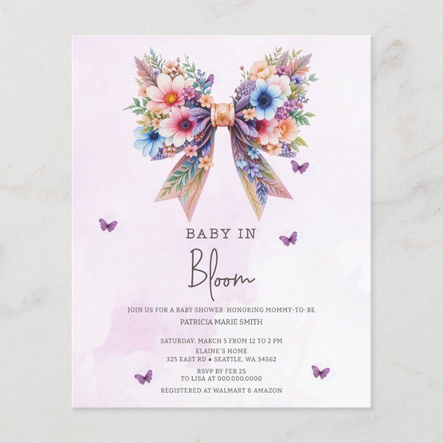 Lámina Invitación a Baby Shower de Chica de Bow con presu (Anverso)