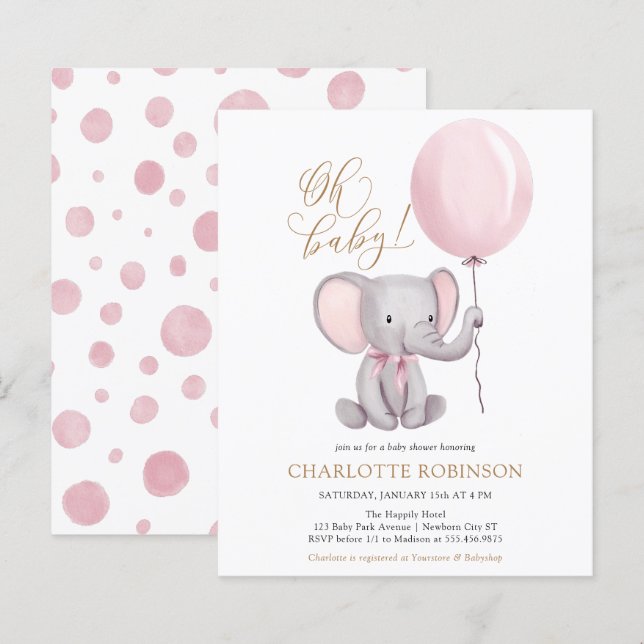 Lámina Invitación a Baby Shower de Chica de Elefante Rosa (Anverso / Reverso)
