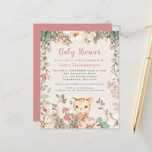 Lámina Invitación a Baby Shower de Chica de Gato de época (Anverso/Reverso In Situ)