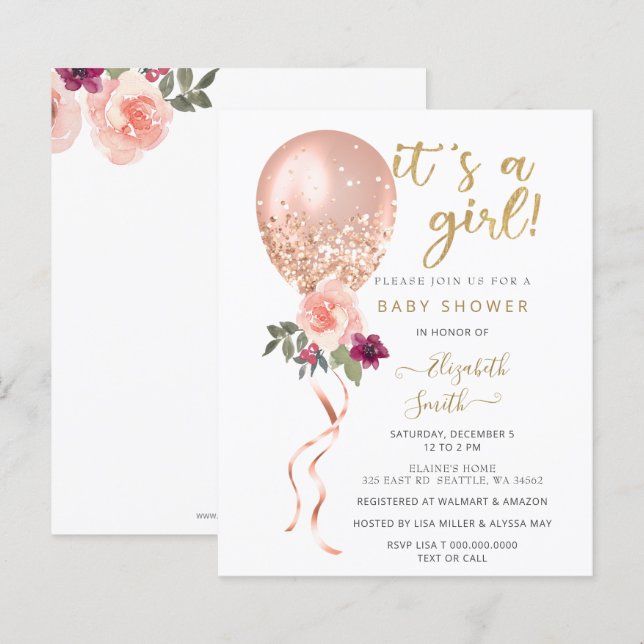 Lámina Invitación a Baby Shower de Chica de globo rosa de (Anverso / Reverso)