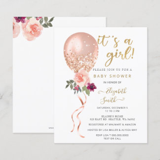 Lámina Invitación a Baby Shower de Chica de globo rosa de