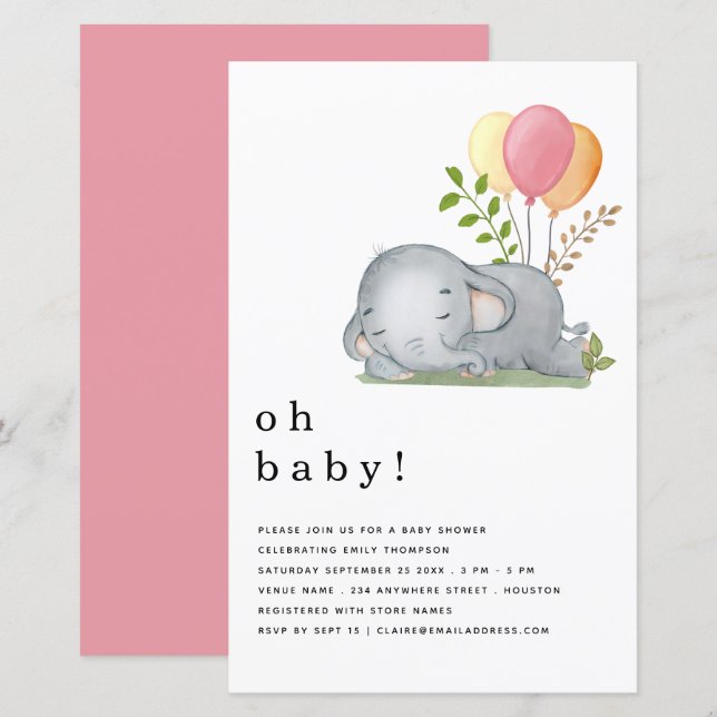 Lámina Invitación a Baby Shower de Chica rosado para elef (Anverso / Reverso)