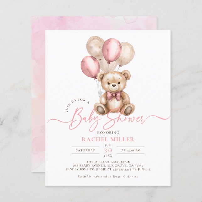 Lámina Invitación a Baby Shower de Chica rosado para glob (Anverso / Reverso)