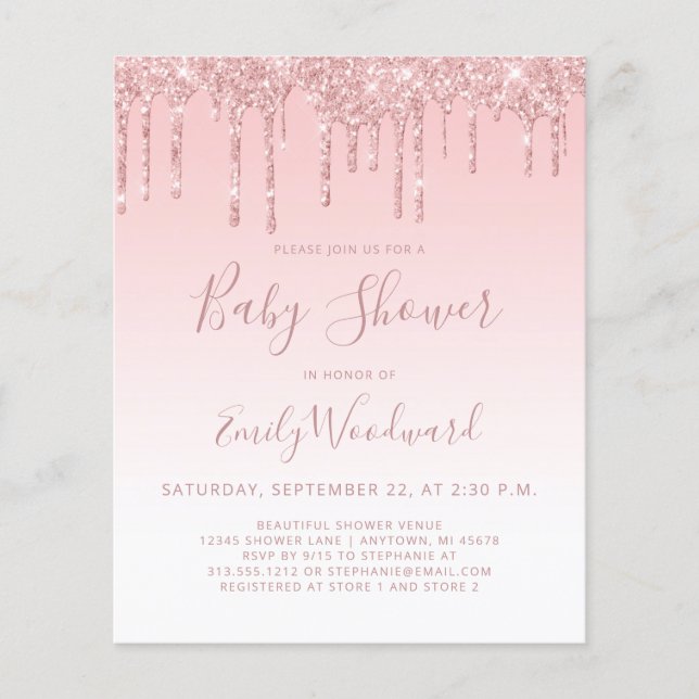 Lámina Invitación a Baby Shower de Chica rosado Purpurina (Anverso)
