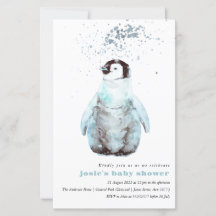 Invitación a Baby Shower de color de agua pingüino