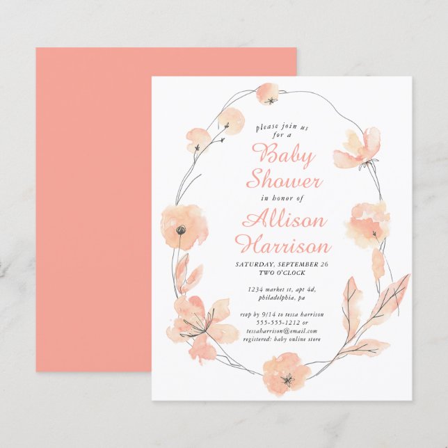 Lámina Invitación a Baby Shower de coral floral de presup (Anverso / Reverso)