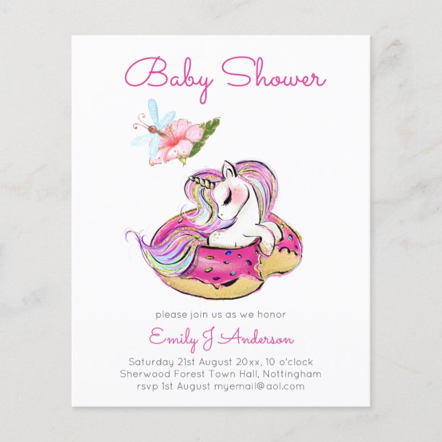 Lámina Invitación a Baby Shower de Cute Unicorn (Anverso)